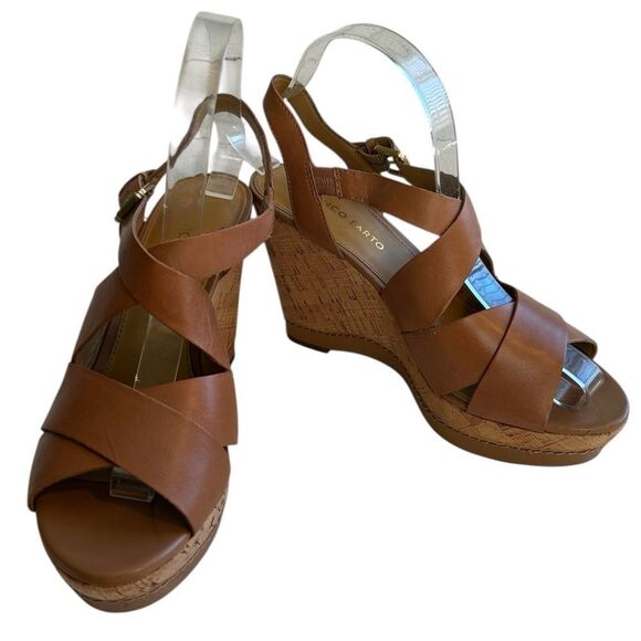 Franco Sarto Shiver Tan Leather Cork Wedge Strappy Sandals 8.5 - Picture 1 of 7